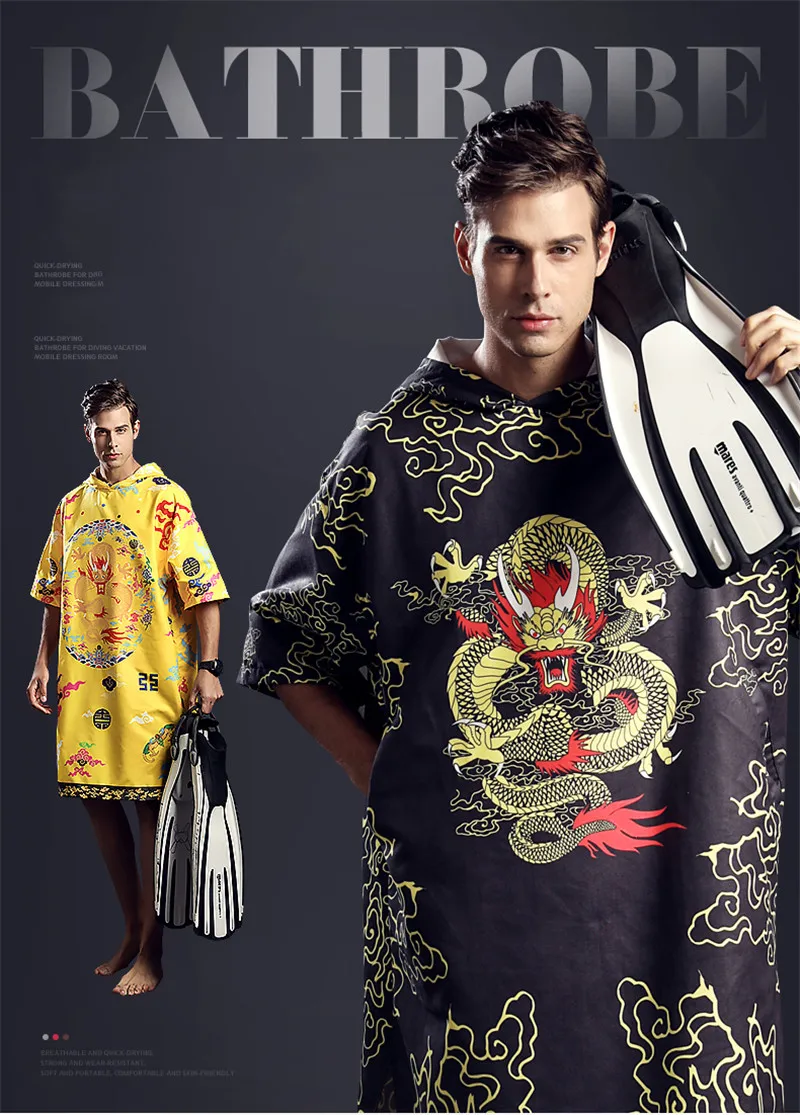 Chinese Dragon Printing Hooded Towel Quick-Dry Outdoor Beach Sport Towel Water absorption Bath Towels Diving Woman Men Bathrobe