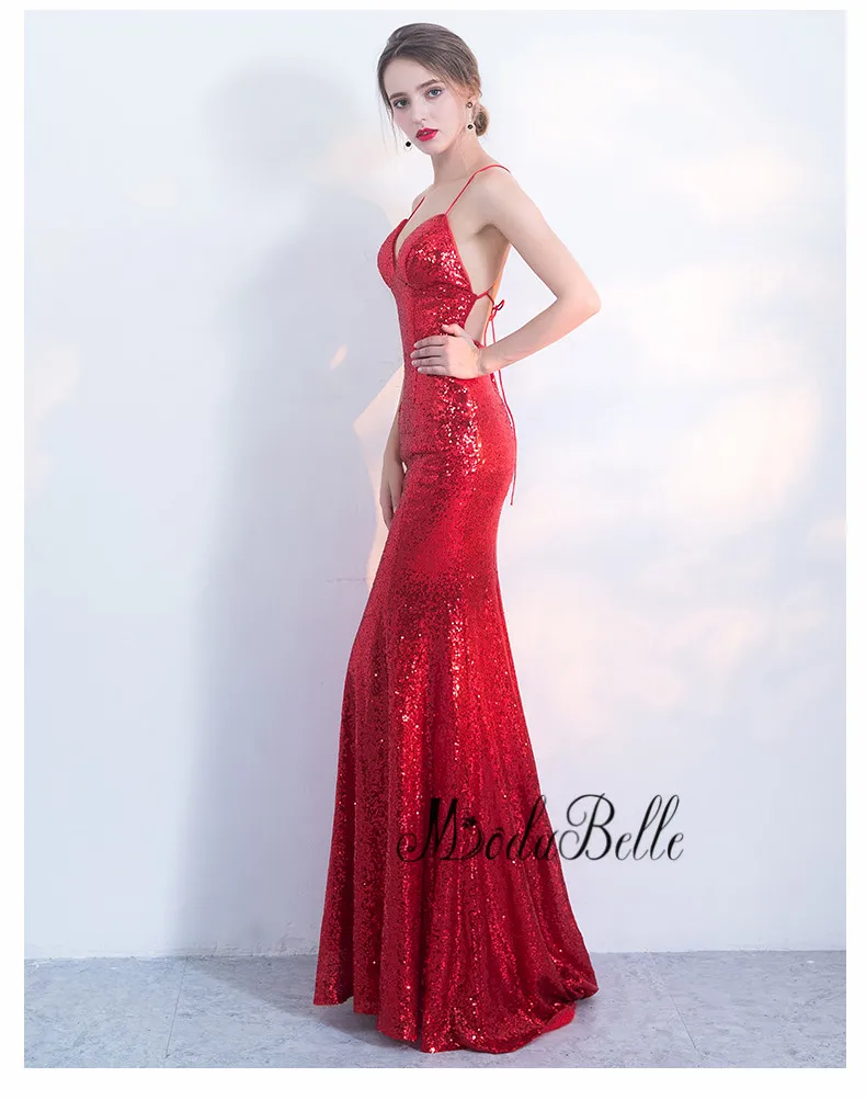 modabelle Simple Long Mermaid Red Prom Dress Backless Sexy Criss Cross Straps Glitter Sequin Evening Formal 2018 | Свадьбы и