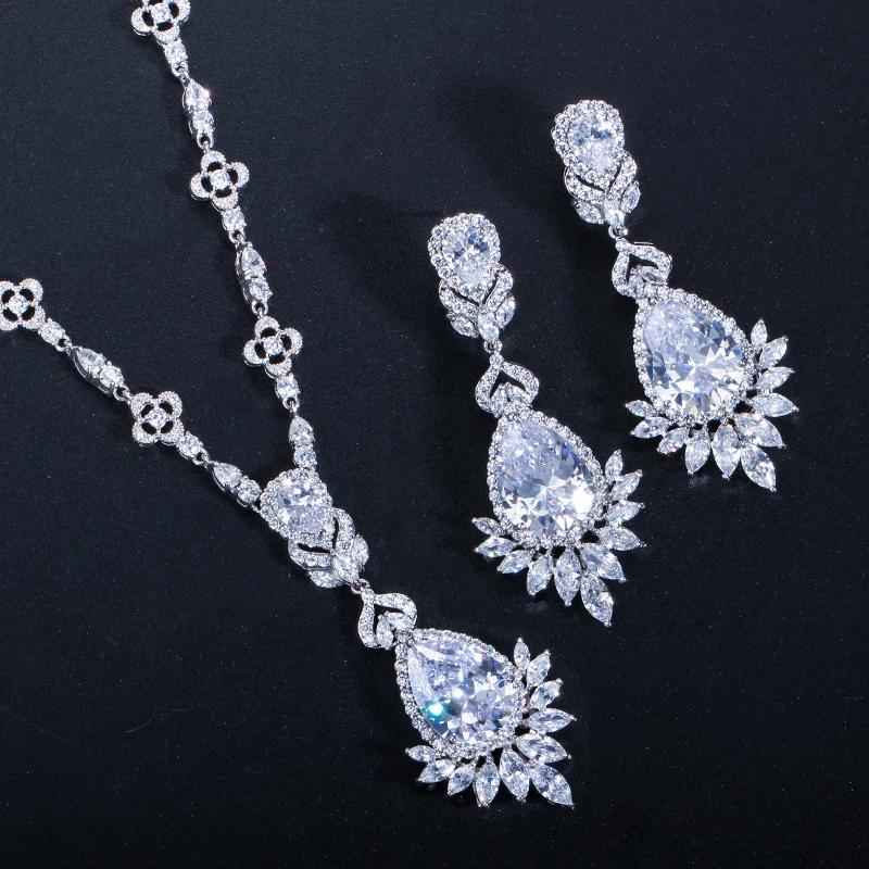 CWWZircons изысканный женский зеленый большой костюм, комплекты украшений с кубическим цирконием для свадебной вечеринки ожерелье серьги ювелирные изделия T094