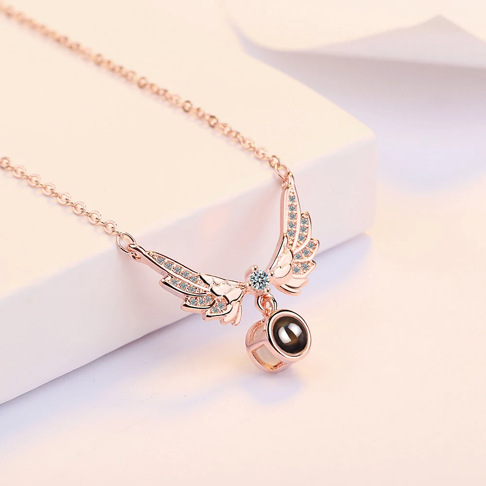 925 Sterling Silver Micro Zircon Angel Wings Projection I love You Meaningful Necklaces For Women Gift S-N415 | Украшения и