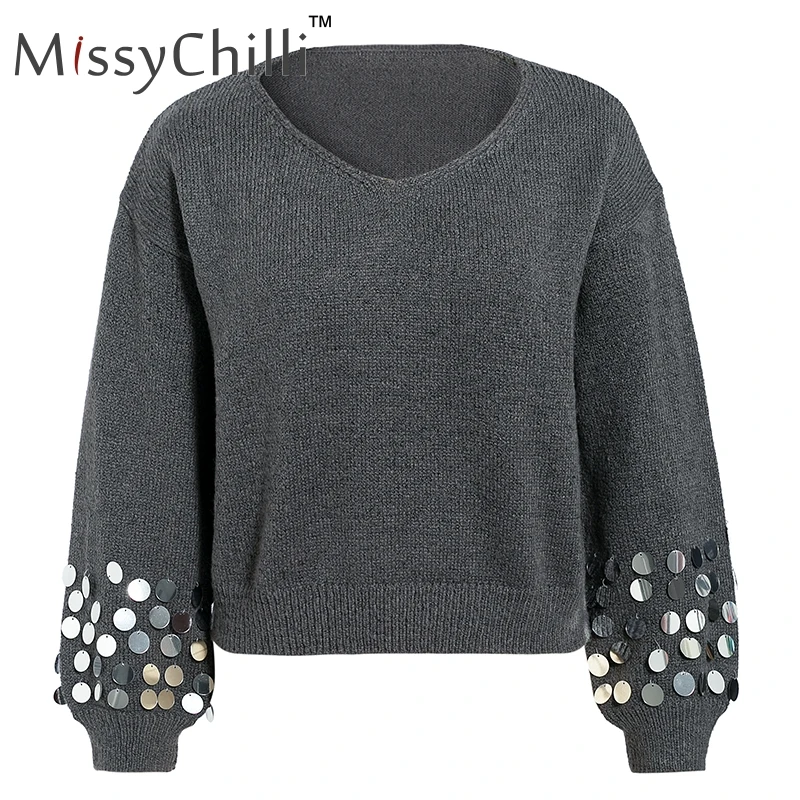 Женский вязаный джемпер MissyChilli серый с длинными рукавами и пайетками на осень