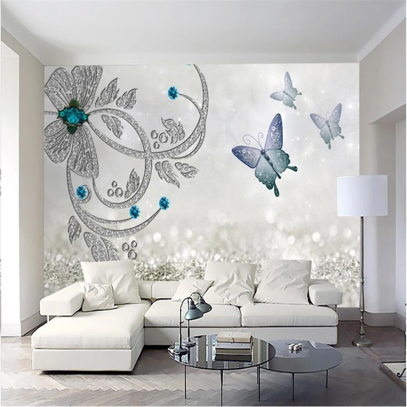 

beibehang Large custom wallpaper murals European crystal flower butterfly jewelry TV bedroom living room backdrop wallpaper