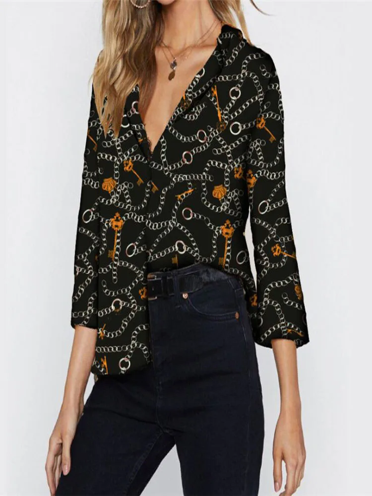 

Women's Shirts Chain Print Summer Chiffon Shirt Lapel V-neck Office Shirt Loose Casual Tops Women's Plus Size BC49