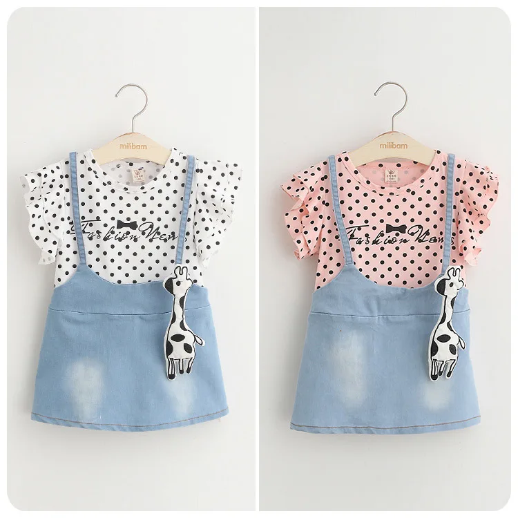 

Korean Children's Garment 2016 A Summer New Girl Wave Point Feifei Sleeve Cowboy Straps Set Fashion False Two Pieces Dress