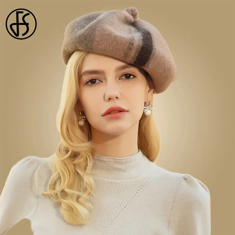 Light Khaki Beret FS, винтажный шерстяной Французский Берет, шапки, лыжная шапка s, женская, для девочек, зимняя теплая шапка, шапка для художника, шапочка, Boinas Para Mujer - Цвет: Light Khaki Beret