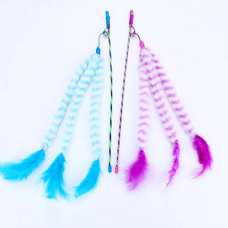 Blue and Purple 1 шт. кошка перо палочка игрушка-тизер для кошек индейка перо кошка котенок Забавный интерактивный перо игрушки Прорезыватель палочка перо стержень с колокольчиками - Цвет: Blue and Purple
