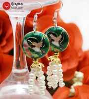 qingmos trendy natural 4 5mm white pearl cloisonne women earrings with dark green cloisonne hummer dangle 2 5 earring ear647