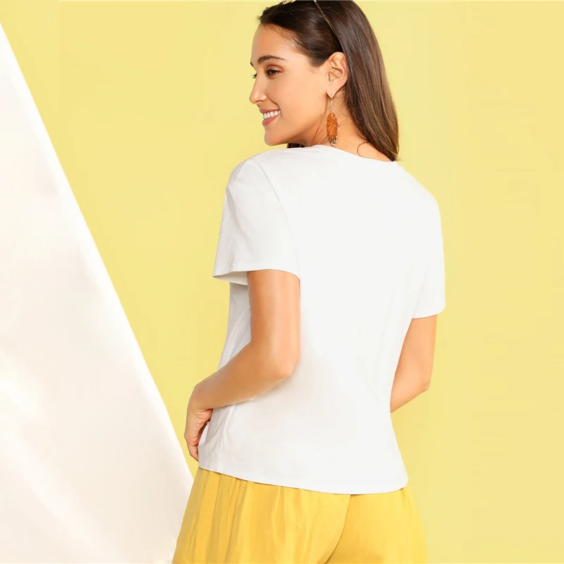 SHEIN, женская футболка с цветочной вышивкой,, эластичная летняя футболка с коротким рукавом, круглый вырез, белые летние топы