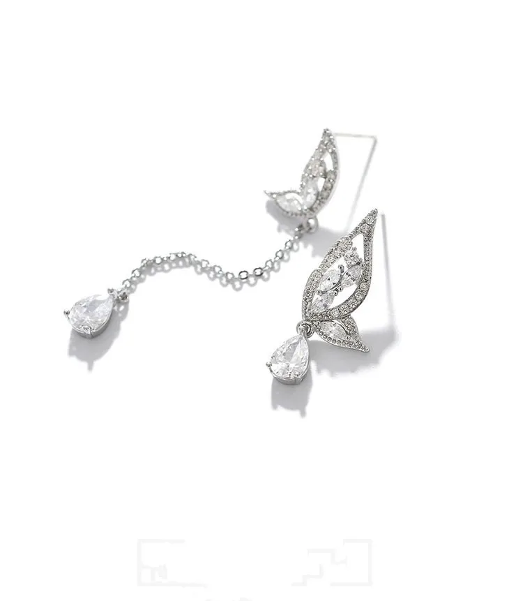 Женские Асимметричные Сережка бабочка серебряная с цирконом AAA|Серьги-подвески| |