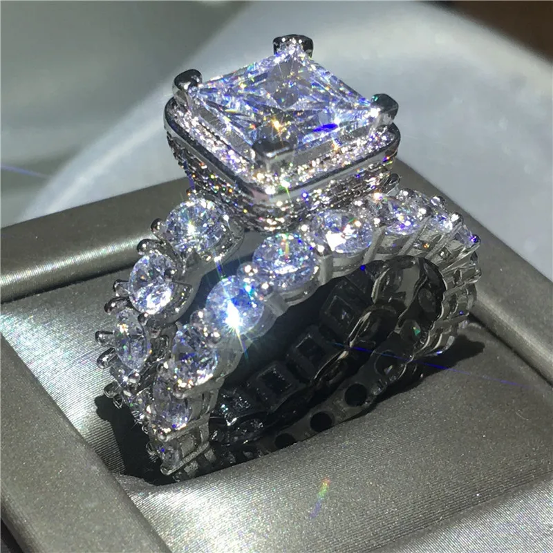 

Vintage Engagement Wedding Band Rings set for women men AAAAA zircon cz White Gold Filled 925 silver ring Bridal Jewelry Gift