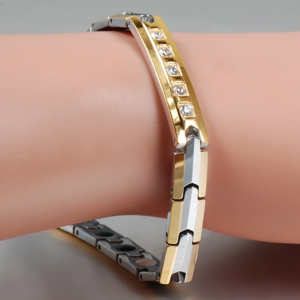 Wollet ювелирные изделия Вольфрам магнитный браслет для женщин мужчин CZ Камень Золото Цвет 5 в 1 Инфракрасный германий турмалин отрицательных ионов