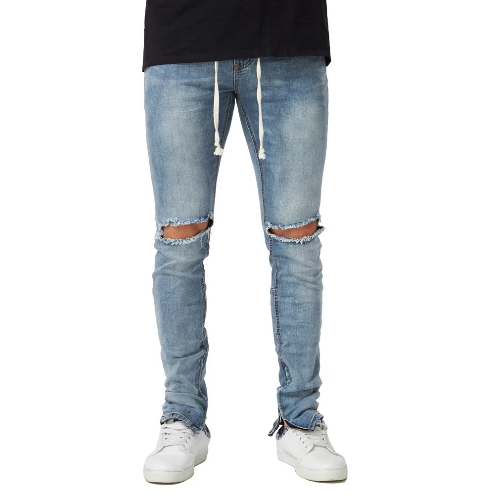 New Men's Stretch Elastic Side Ankle Zipper Ripped Destroyed Hip Hop Skinny Jeans