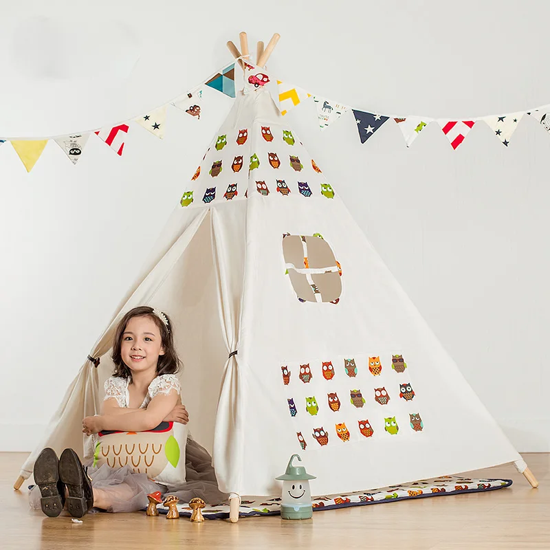 Вигвам детский с милым рисунком палатка из хлопчатобумажной холщовой ткани