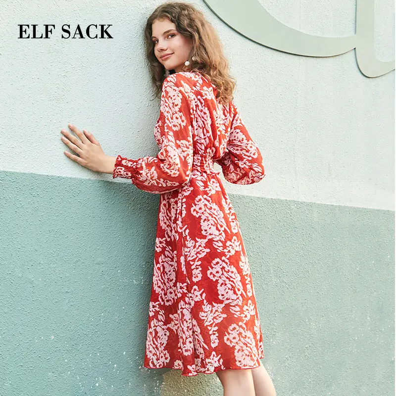 Женское платье с длинным рукавом ELFSACK красное Повседневное из шифона цветочным