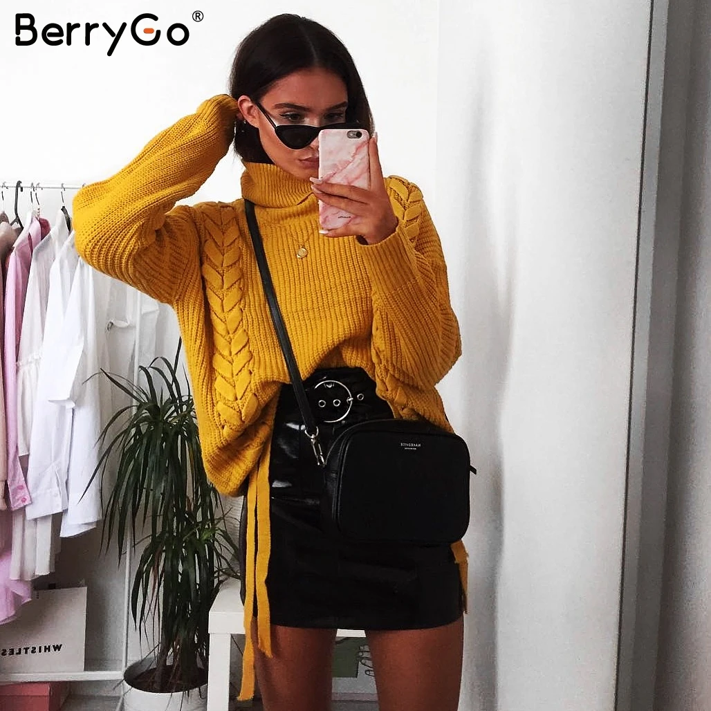 BerryGo водолазка с боковой шнуровкой вязаный свитер женский повседневный