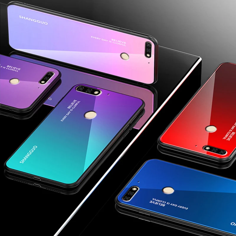 Tempered Glass Case For Huawei Honor Play 7C Luxury Gradient Back Cover Phone Cases 7 C Play7c LND-AL30V shell | Мобильные телефоны