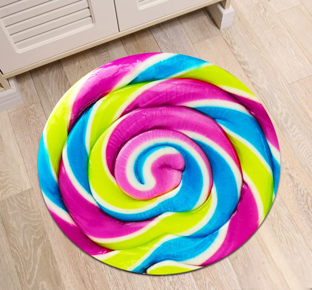 

Round Children's Room Cushion Dining Room Bedroom Floor Area Rug Bathroom Non-Slip Carpet Home Door Mat Sweet Colorful Lollipop