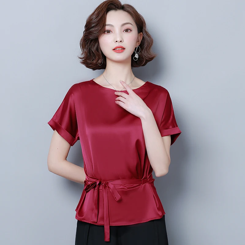 Летние повседневные шелковые женские блузки атласные с круглым вырезом коротким