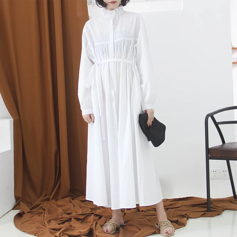 [EAM] New Autumn Winter Stand Collar Long Sleeve White Ruffles Stitch pleated Loose Long Shirt Dress Women Fashion JK988