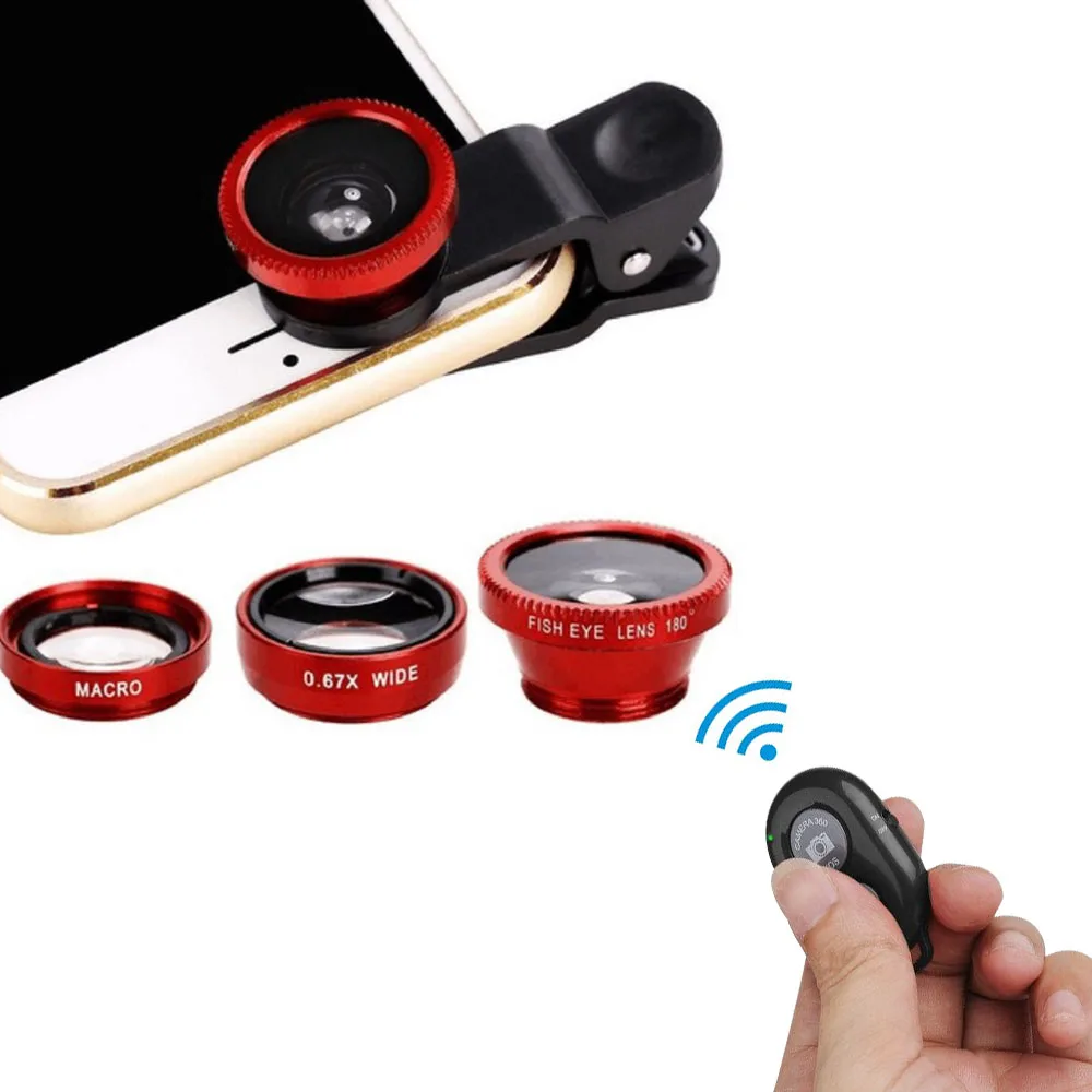Red With Bluetooth 3 в 1 широкоугольный зум телеобъектив для мобильного телефона Объективы для камеры «рыбий глаз» комплекты смартфонов для iPhone 5 6 7 8 plus Xr samsung - Цвет: Red With Bluetooth