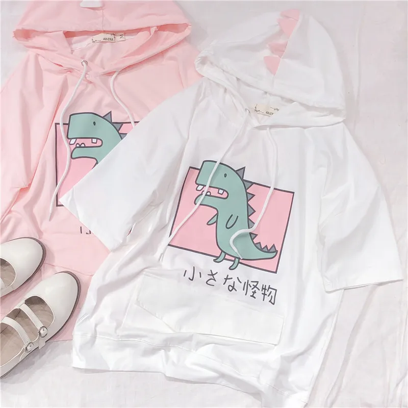 Harajuku/Милая женская футболка с капюшоном и коротким рукавом рисунком динозавра