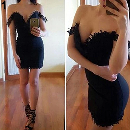 New Arrival Women Summer Sexy Deep V Neck Off Shoulder Lace Trim Bodycon Evening Party Dress | Женская одежда