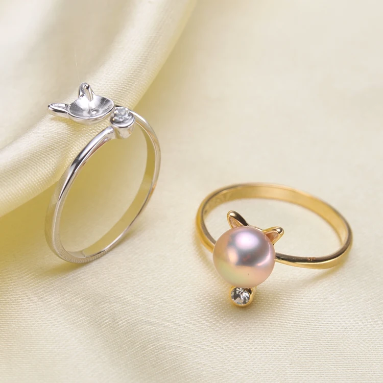 

2018 Cute kitten shape Pearl Ring Mounting with Shiny CZ, Sterling Silver Pearl /Coral/ Cystal/ Gems DIY Ring Fitting Accessory
