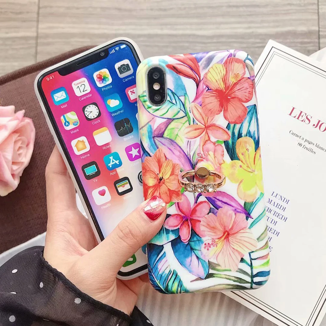 Luxury Finger Ring Holder Floral Phone Case For iPhone X XR XS Max Silicone Soft Shell 8 7 6 6S Plus Cover |