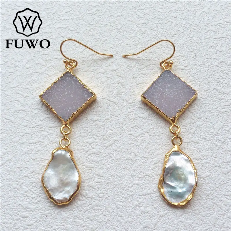 

FUWO Fashion Druzy Pearl Earrings With 24K Gold Filled Raw Freshwater Pearls Stone Drop Earrings Bohemia Jewelry Wholesale ER519