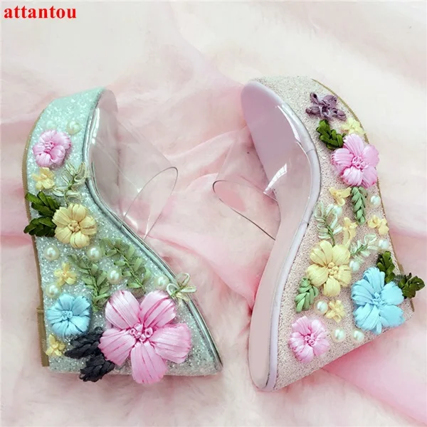 

Summer transparent wedges women sandals colorful flowers decor peep toe platform heels elegant female wedding party dress shoes