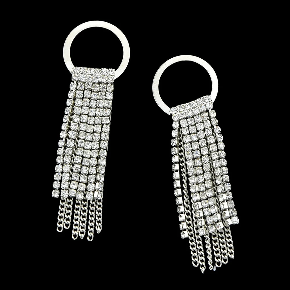 Silver Color Statement Earrings with Full Rhinestone Circle Long Chain Tassel Drop Luxury Brand Women Jewelry Bijoux | Украшения и