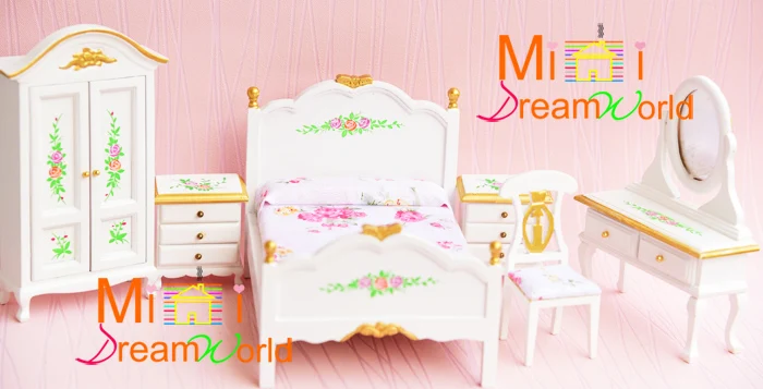 Free shipping! 1:12 Dollhouse Miniature Furniture Toy Bedroom Rose Bed Wardrobe Dresser 6pcs | Игрушки и хобби