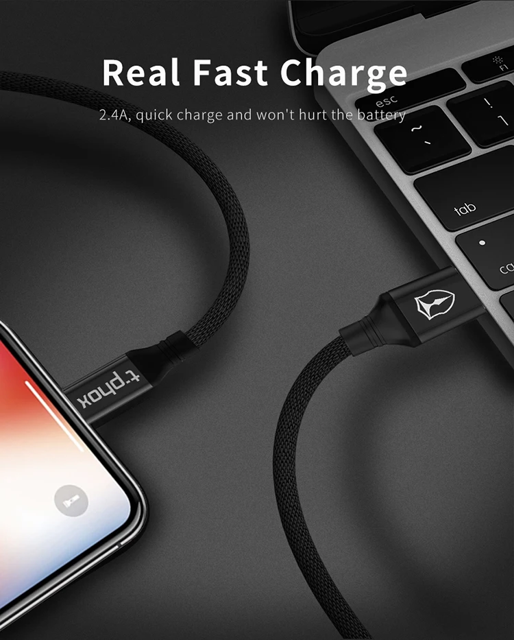 T-phox Классический USB кабель для iPhone xs max зарядное устройство USB кабель для передачи данных для iPhone X 8 6 6 S 2.4A usb кабель для зарядки телефона Шнур адаптер
