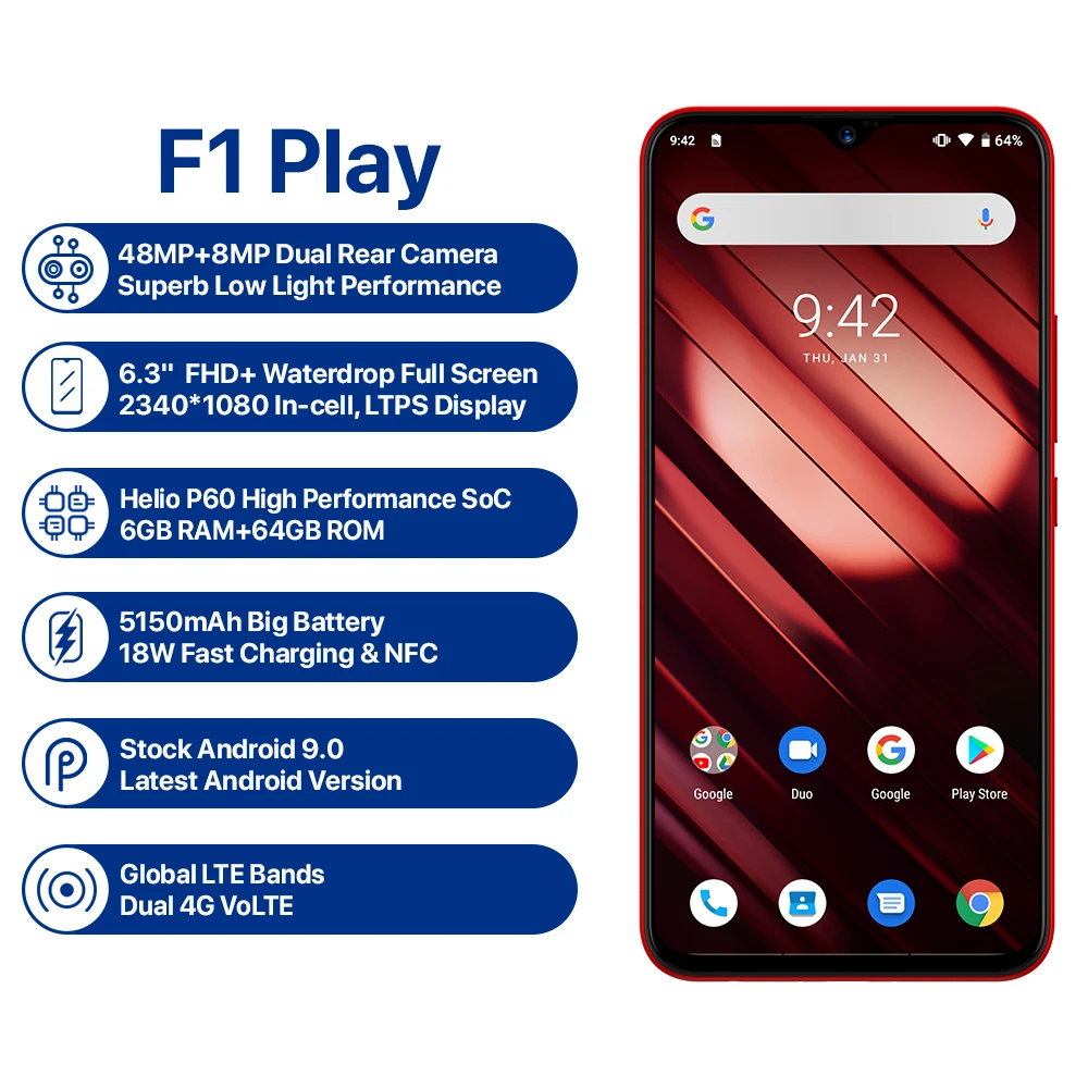 UMIDIGI F1 Play Android 9,0 6 ГБ ОЗУ 64 Гб ПЗУ 48мп+ 8МП+ 16Мп камеры 5150 мАч 6," FHD+ Helio P60 глобальная версия смартфон двойной 4G