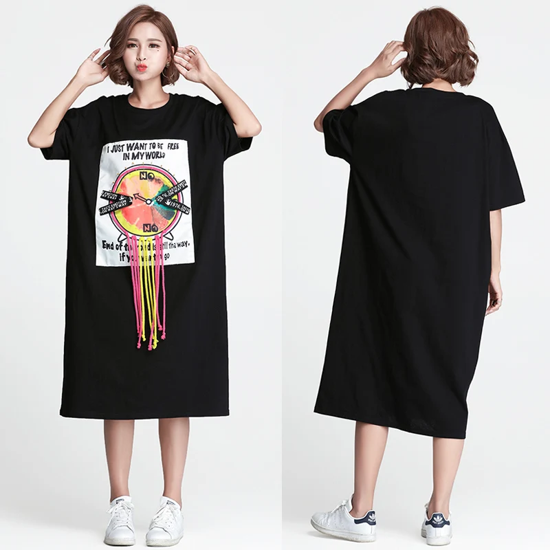 European Style Simple Leisure Large Size Women's Clothing Features A Relaxed and Comfortable Printed Logo Was Thin T-shirt Dress | Женская