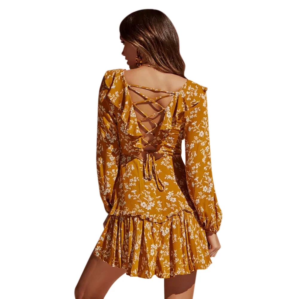 AZULINA Цветочный принт рюшами Узелок платье Для женщин платья Vestido осень V шеи