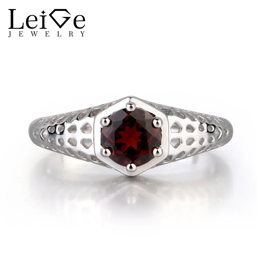 

Leige Jewelry Natural Garnet Gemstone 925 Sterling Silver Engagement Rings Wedding Bands For Woman Jannuary Birthstone