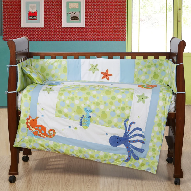 

7PCS embroidery baby bedding set quilt pillow bumper bed sheet crib bumper set bed linen ,include(bumper+duvet+sheet+pillow)
