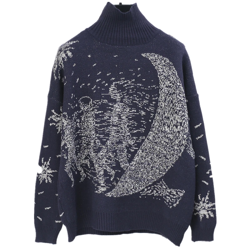 2019 Turtleneck Sweater Women Winter Thick Runway Design Galaxy Moon Oversized Casual Wool Pullover Knit Jumper pull femme | Женская