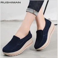rushiman autumn women flat platform loafers ladies elegant genuine leather moccasins shoes woman sneakers shoes