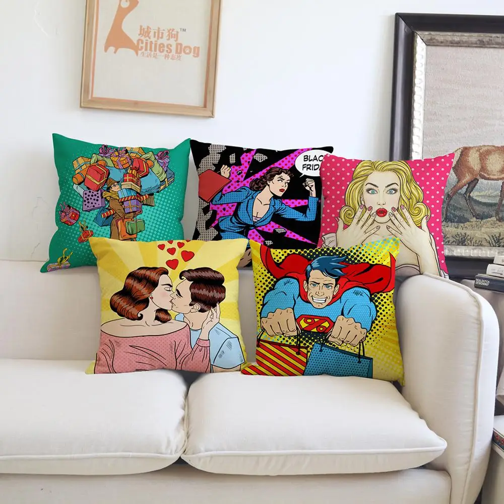 

Cartoon Pop art character cushion cover Pillow linen illustration Works Home sofa Decoration cushions covers Pillowcase cojines