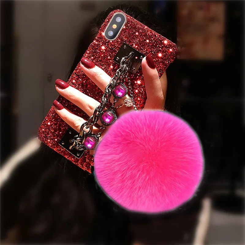 1 шт. Bling чехол для iphone 6 6s 7 8 8 плюс драгоценный металл цепи держатель горный хрусталь кристаллы лисий мех мяч чехол для телефона для iphone X - Цвет: Red and Ball Rose