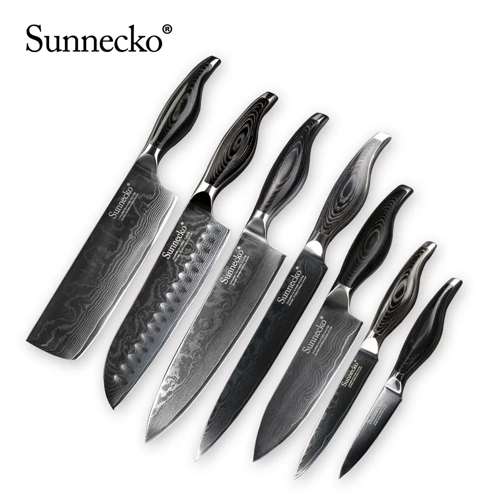 Sunnecko 8 шт. набор ножей из дамасской стали Подарочная коробка набор кухонных ножей для шеф-повара домашний хлеб Santoku для очистки овощей Кливер слайсер с деревянной ручкой - Цвет: 7pcs Knife Set A