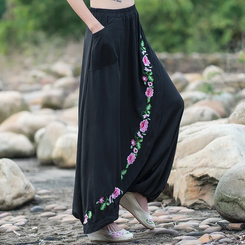 Вышивка платье женские брюки черный белье шаровары Большой размер широкий