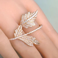india luxury leaves zircon double finger rings for women big wide two dedo aros wedding bridal bague couple oro anillo joyas