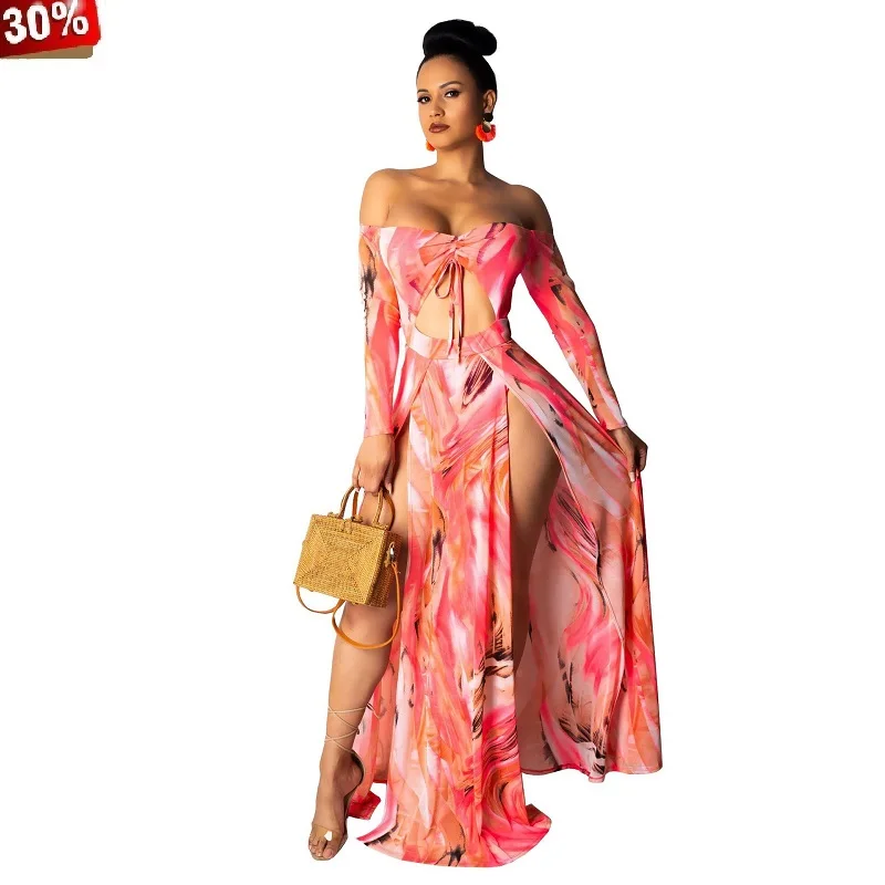Женское платье с открытыми плечами длинное макси цветочным принтом и завязками