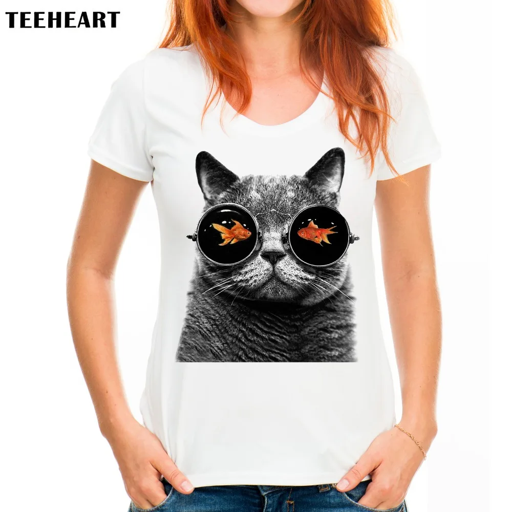 Teeheart Для женщин летом прохладно glasseses кошка печати футболка мода