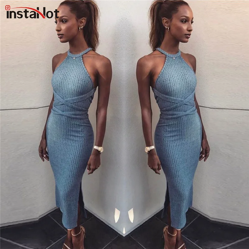 

InstaHot Knitted Halter Belt Scoop Back Dress Women Autumn Side Split Backless Solid Strap Dresses Sheath Elegant Mid Calf Long