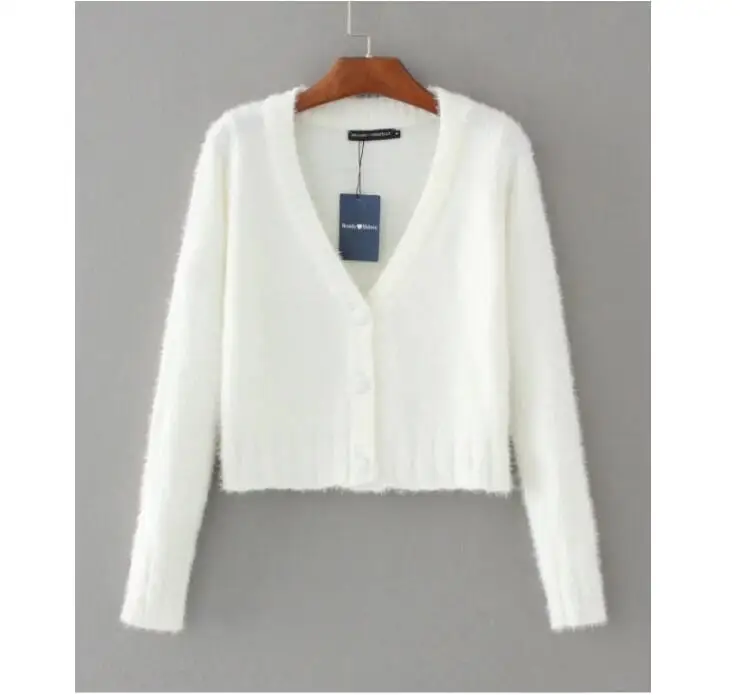 Мохеровый свитер короткий женский кардиган Осень-зима 2021 с V-образным вырезом и