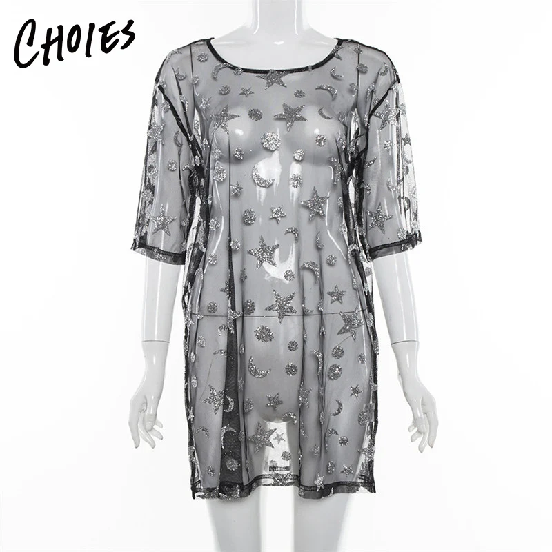 Черный короткий рукав с блестящими деталями Sheer мини платье Пляжная накидка Для